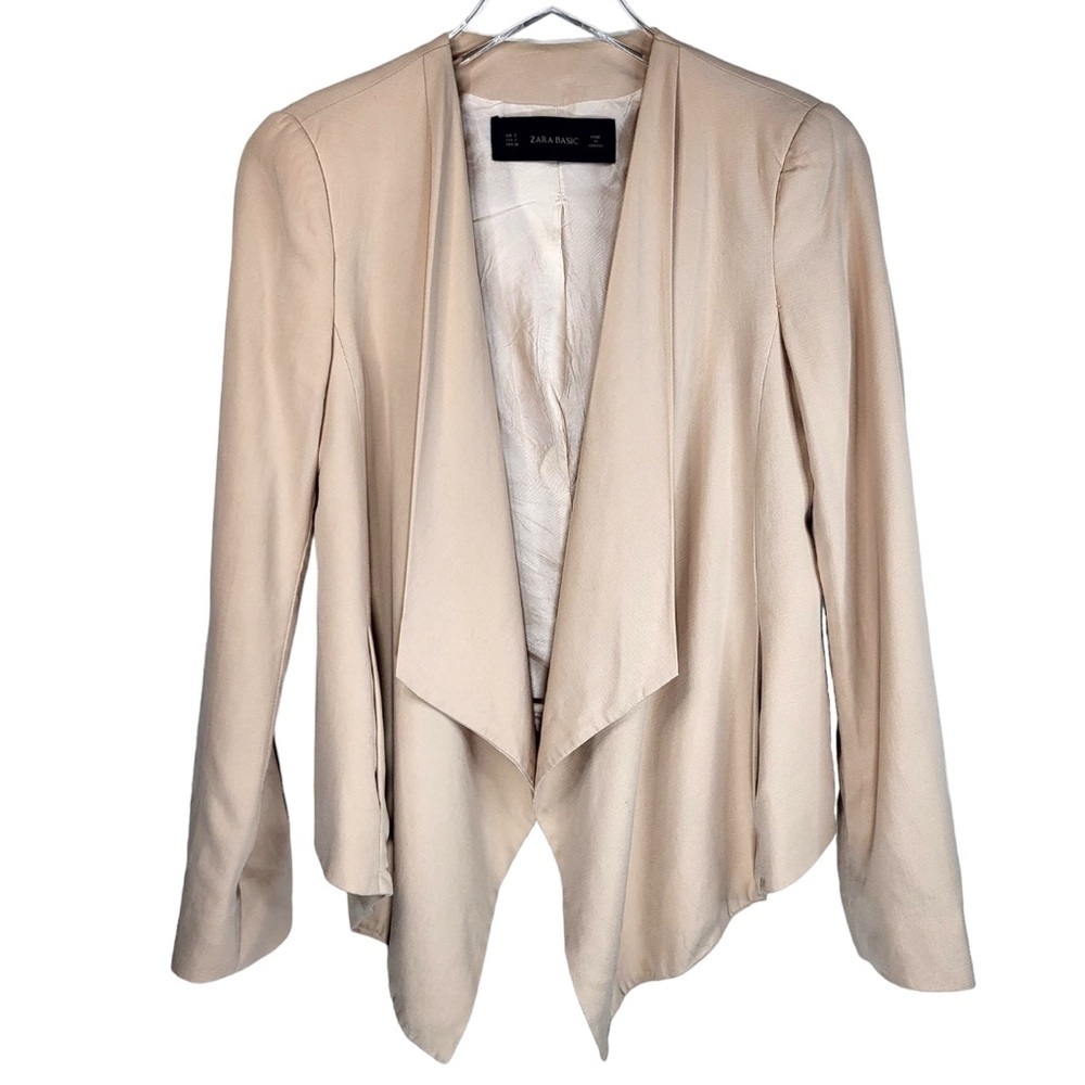Zara Waterfall Draped Cascading Open Front Padded Shoulders Blazer in Soft Peach - Picture 3 of 9